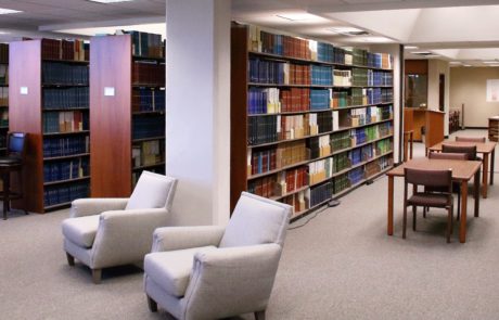 Shelves full of part of LUMCON's collection of more than 5,800 bound volumes of scientific journals.